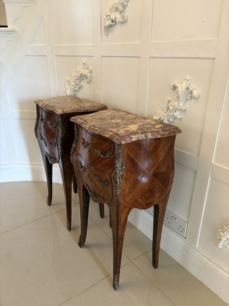 Pair of Antique Quality French Kingwood Marble Top Marquetry Inlaid Bedside Cabinets - Image 5